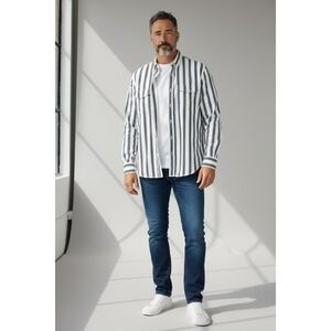 Vintage Wrangler Western White Striped Button Down Shirt Men's XL Cowboy Corral